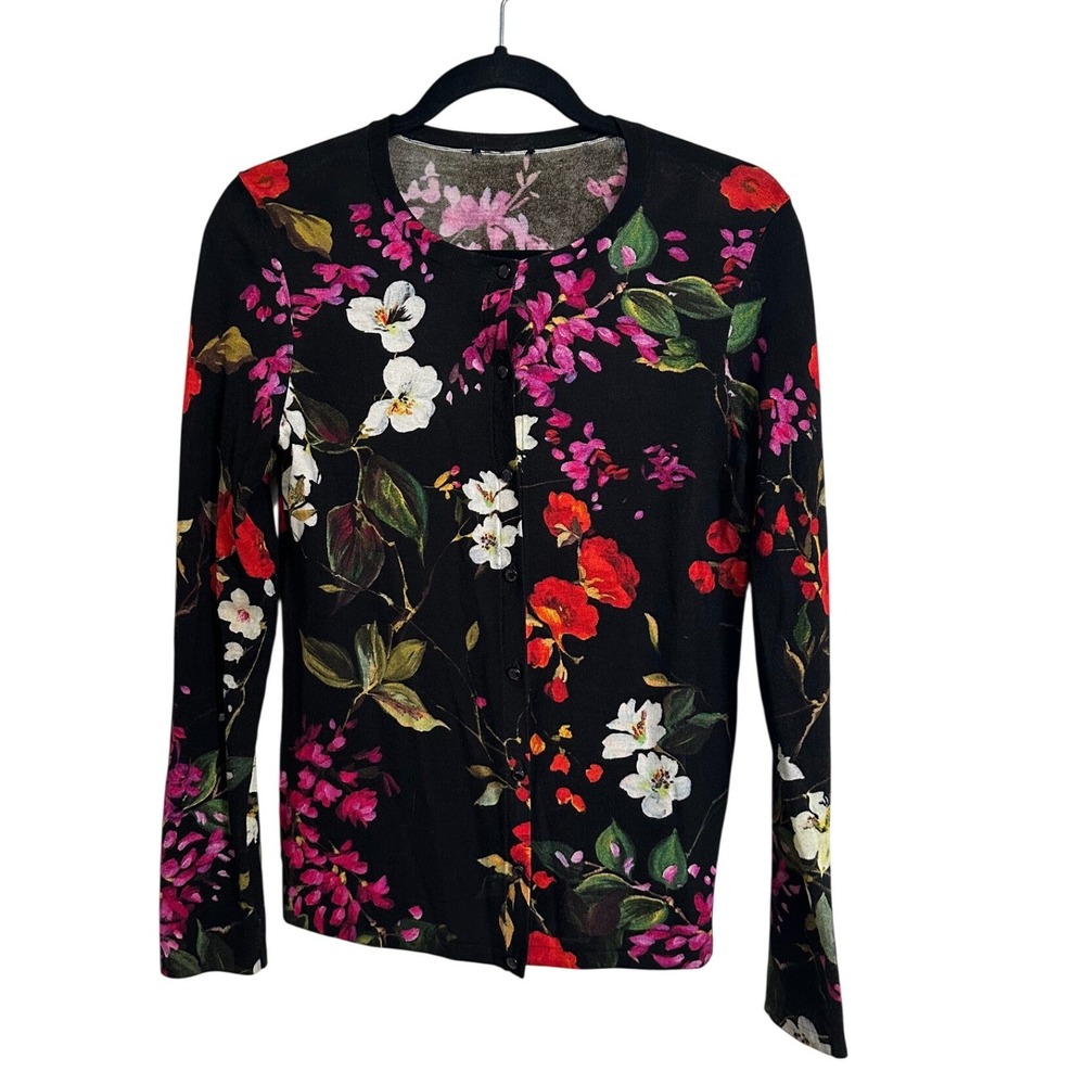 Escada Women Black Floral 100% Wool Button Front Cardigan Sweater Size S/M
